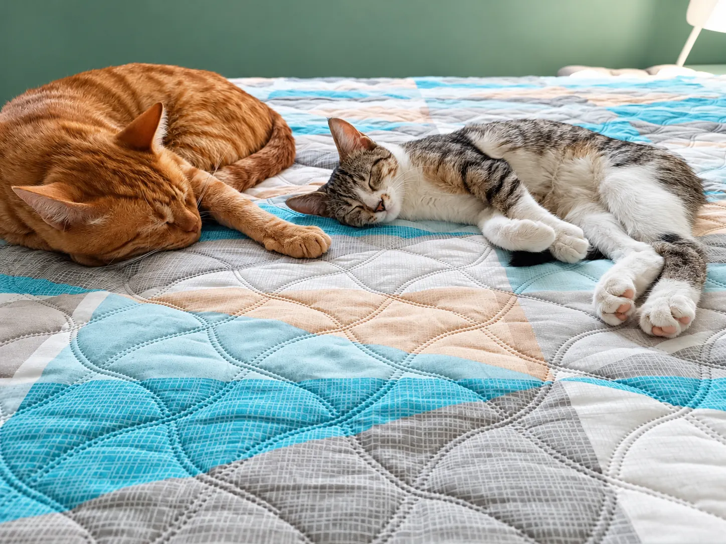 Our two cats sleeping peacefully together on a quilted bed